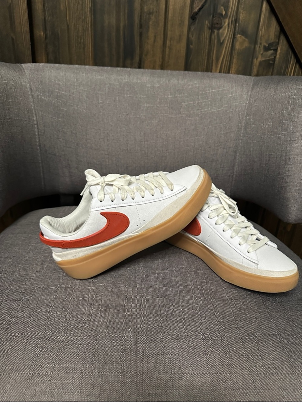 White Sneakers with Orange Swoosh and Gum Sole
